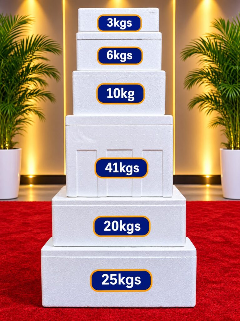Bioflex styrofoam boxes in six sizes from 3kg to 41kg, all with lids